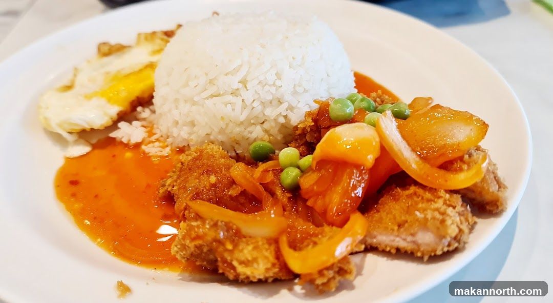 Sweet and Sour Chicken with Rice and Fried Egg