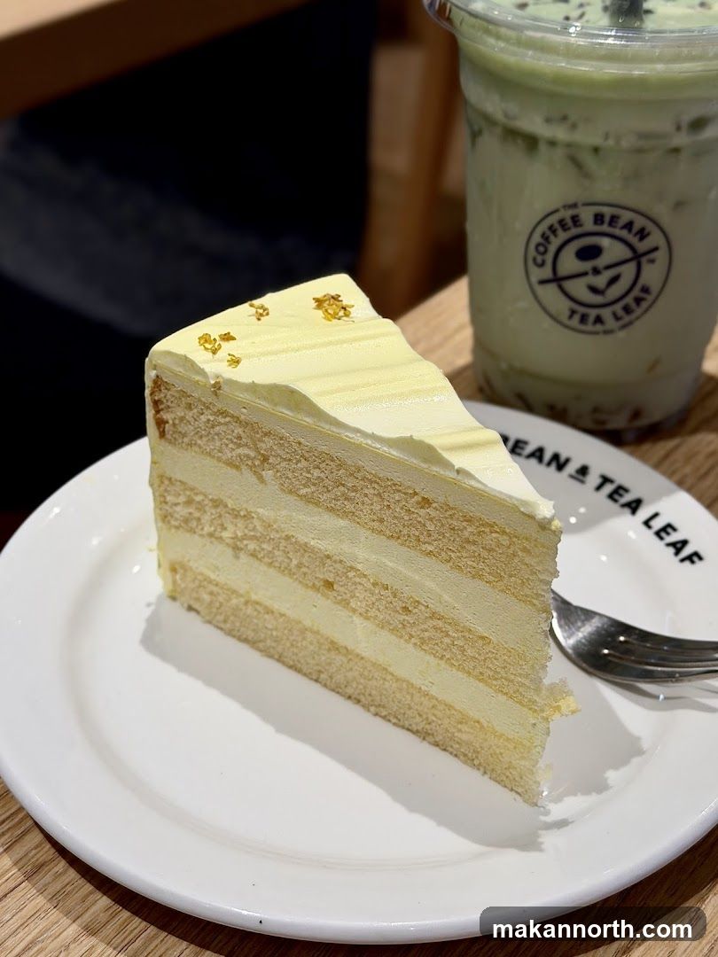 Slice of cake and matcha drink