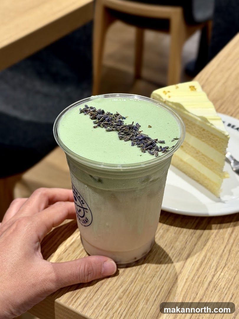 Iced Matcha Latte with Lavender and Cake