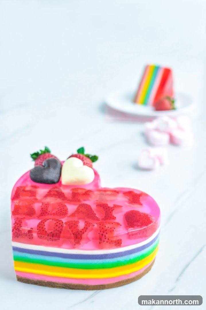 Heart-shaped jelly cake with strawberries and rainbow layers