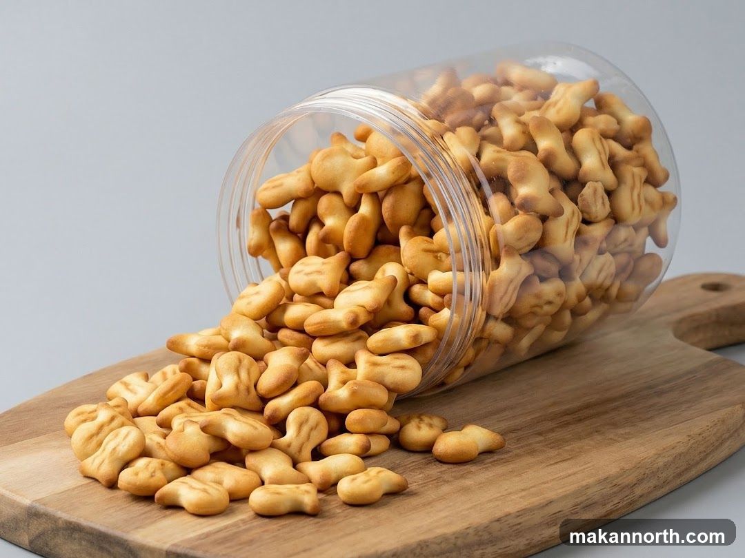 Fish-shaped crackers spilling from a container onto a wooden board.