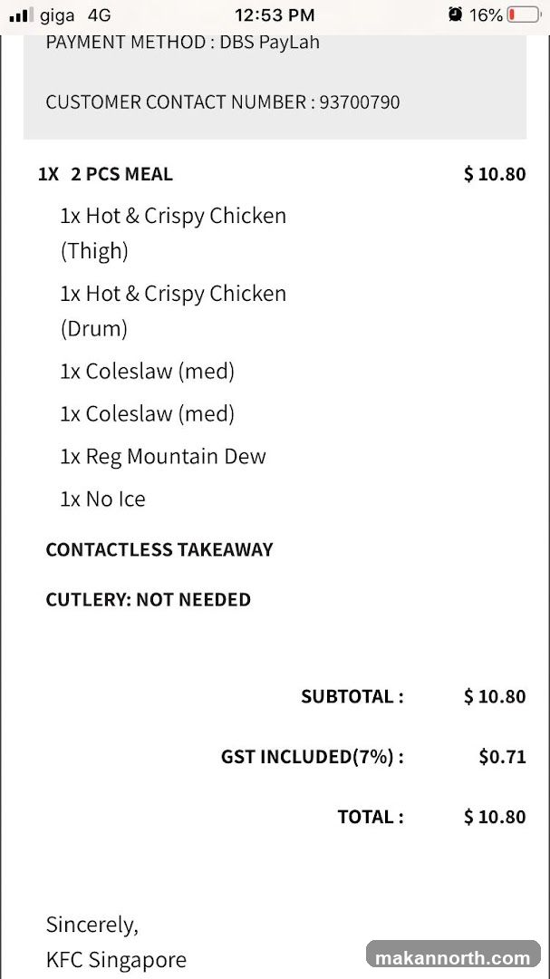 KFC Singapore Receipt