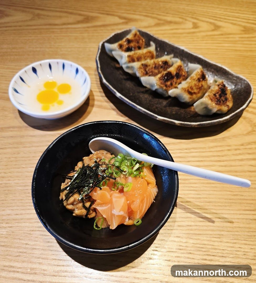 Salmon and Natto Bowl with Gyoza