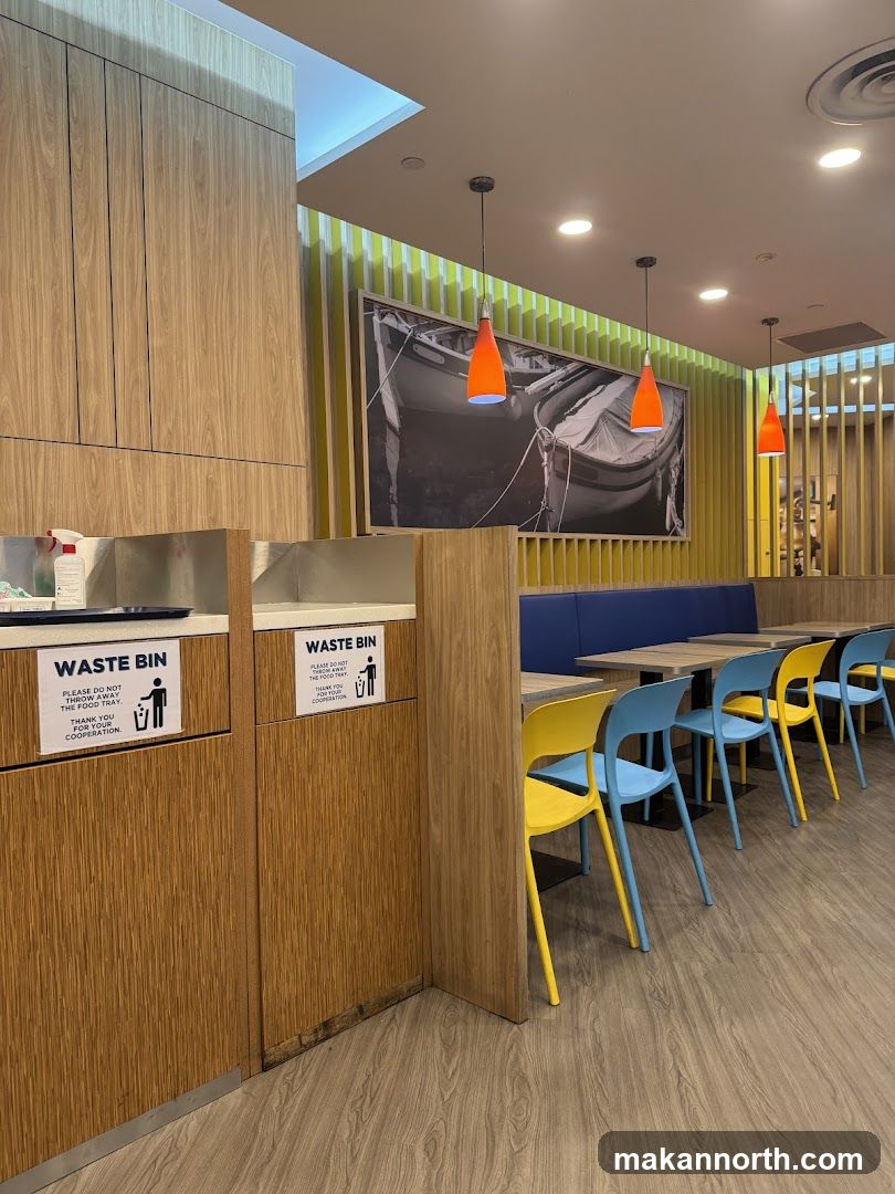 Restaurant Interior with Waste Bins and Seating