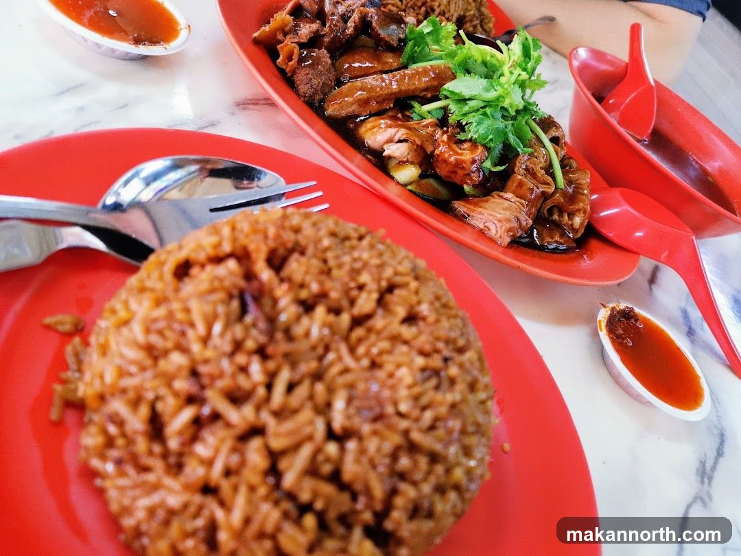 Close-up of a meal with rice and meat