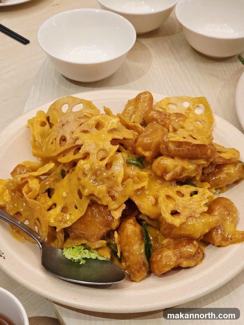 Salted Egg Yolk Fried Prawns with Lotus Root