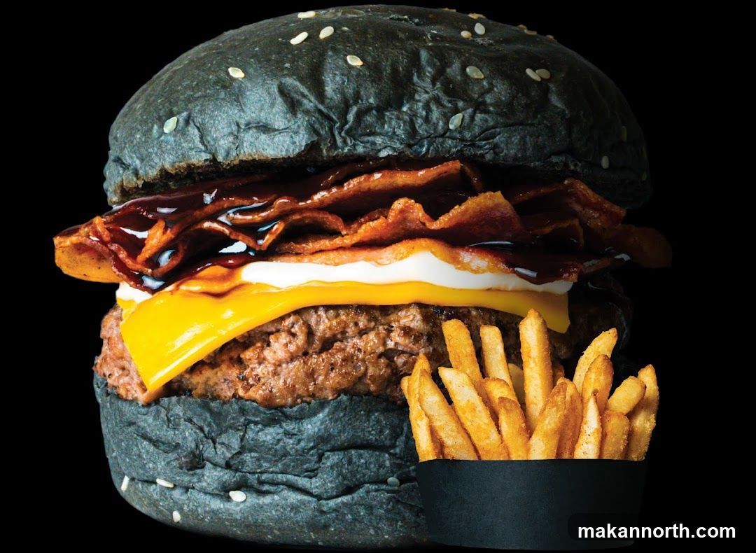 Black Burger with Bacon and Fries