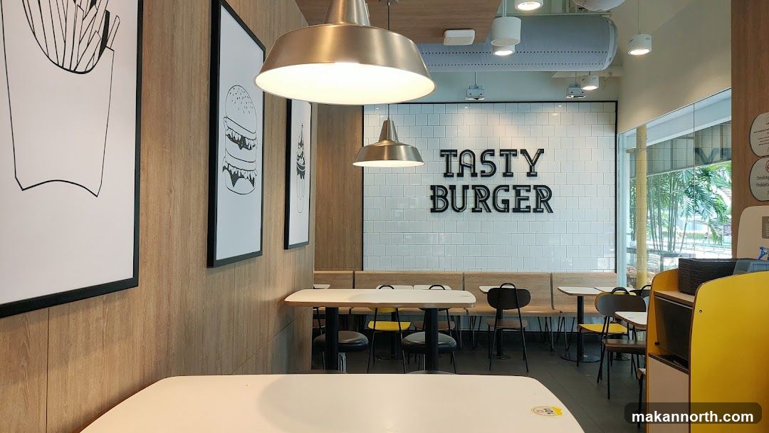 Restaurant Interior with "Tasty Burger" Sign