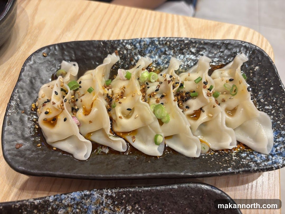 Dumplings with sauce and garnish