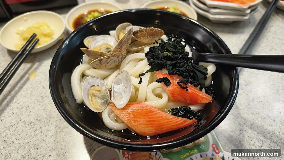 Udon Noodle Soup with Clams and Crab Sticks