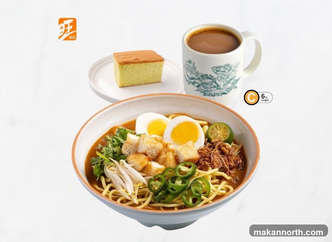 Noodle dish with coffee and cake
