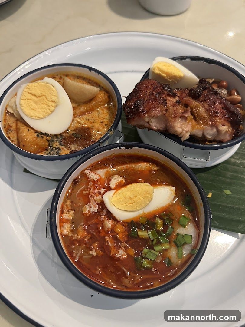 Three Bowls of Noodle Soup and Grilled Meat