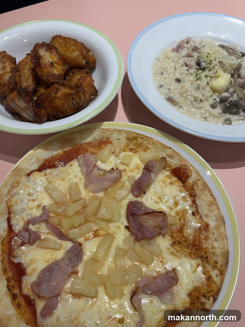 Hawaiian Pizza, Chicken Wings, and Mushroom Risotto