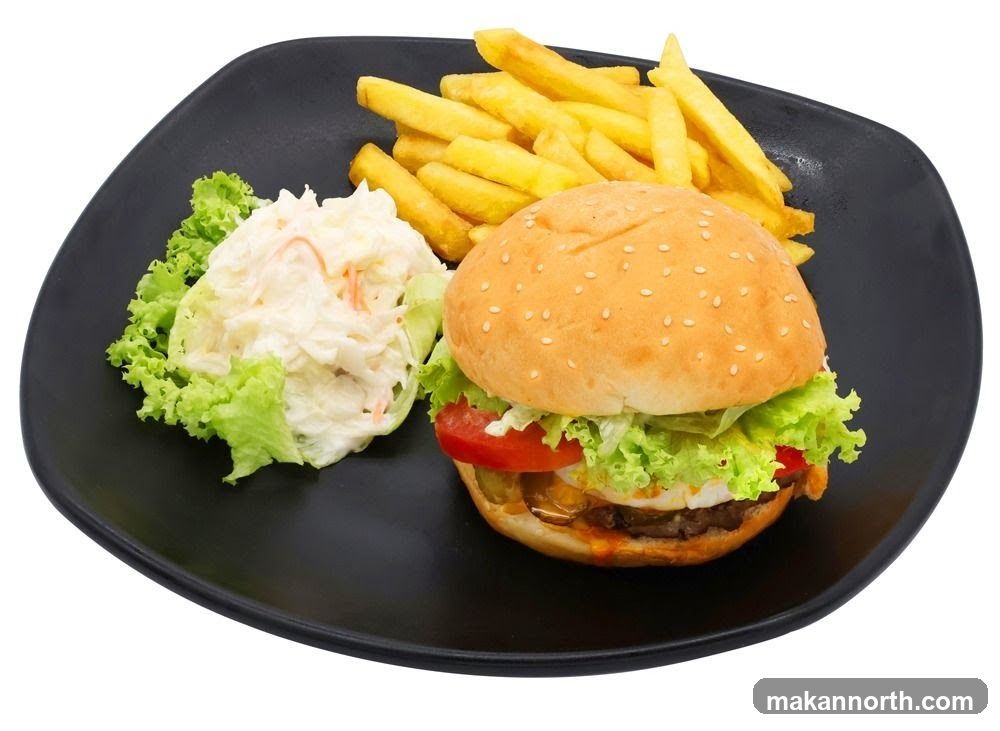 Burger, Fries, and Coleslaw