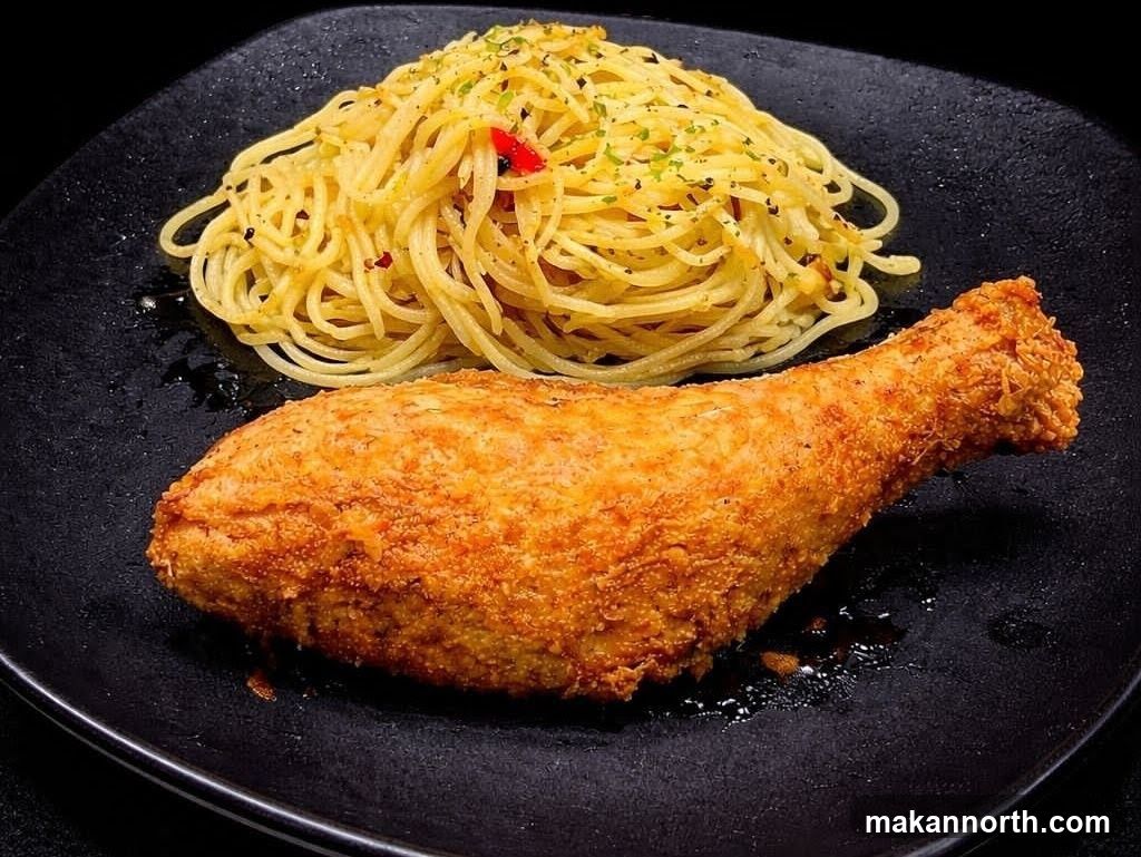 Fried Chicken Leg with Spaghetti