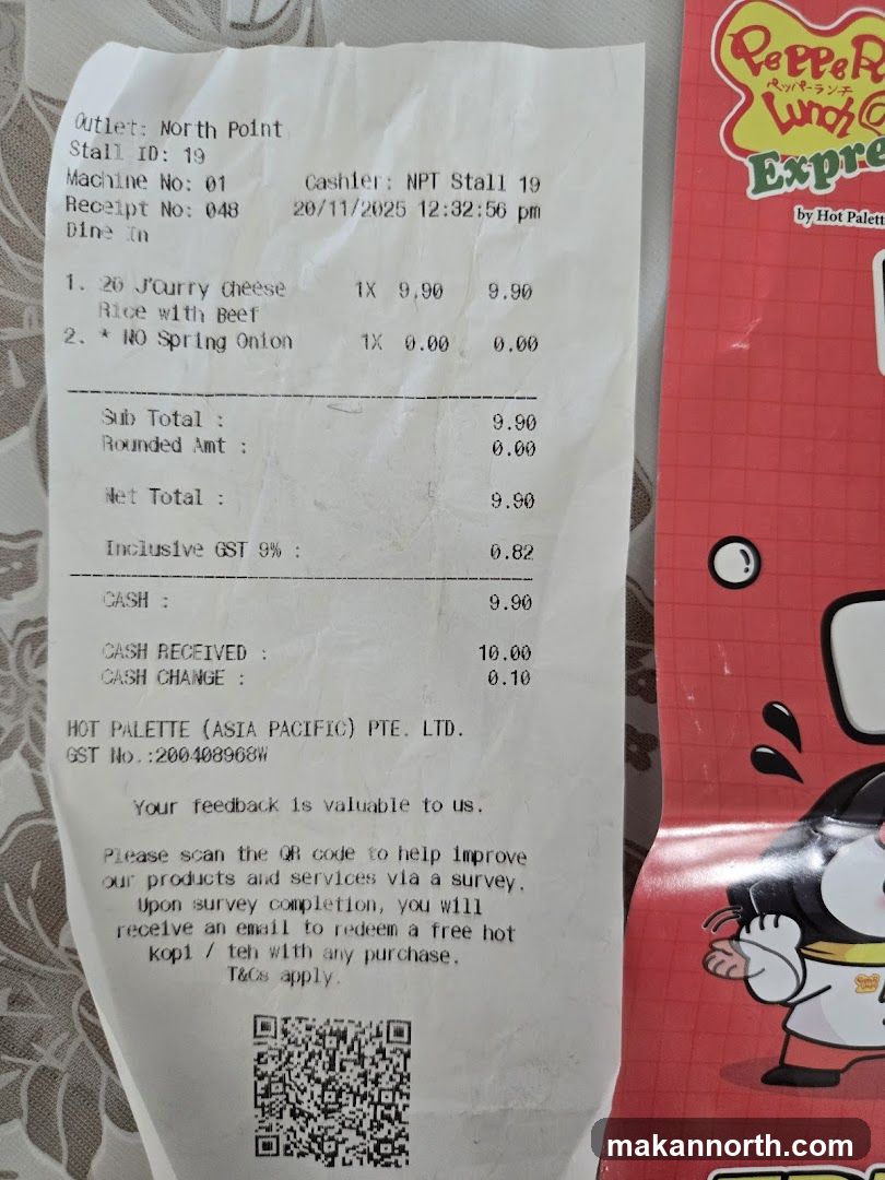 Receipt from Pepper Lunch Express