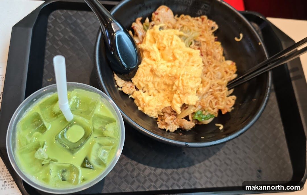 Noodle Bowl and Matcha Drink