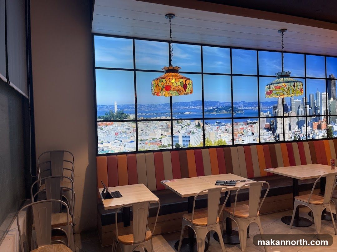 Restaurant Interior with Cityscape View