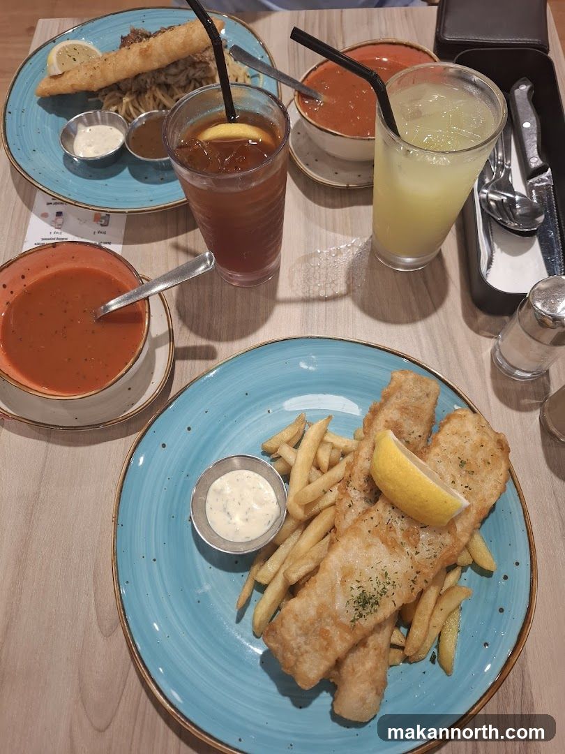 Fish and Chips with Soup and Drinks