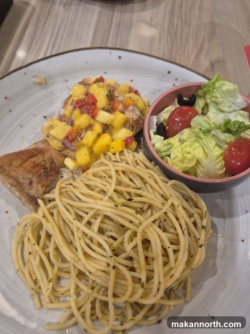 Fish with Mango Salsa, Spaghetti, and Salad