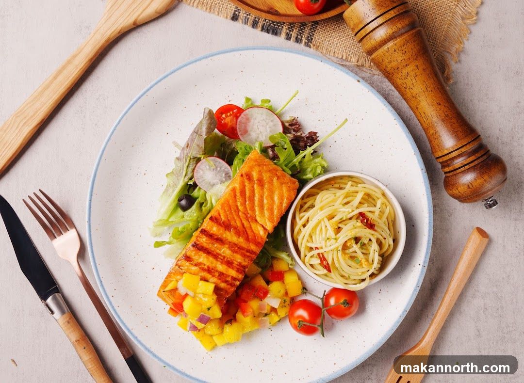 Salmon with Pasta and Salad