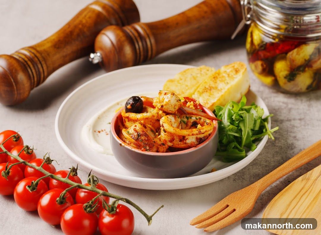 Squid Appetizer with Tomatoes and Bread