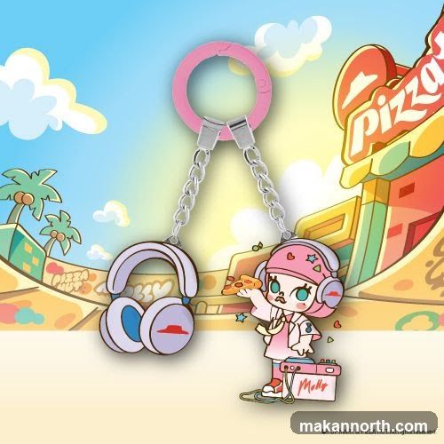 Molly Keychain with Headphones and Pizza