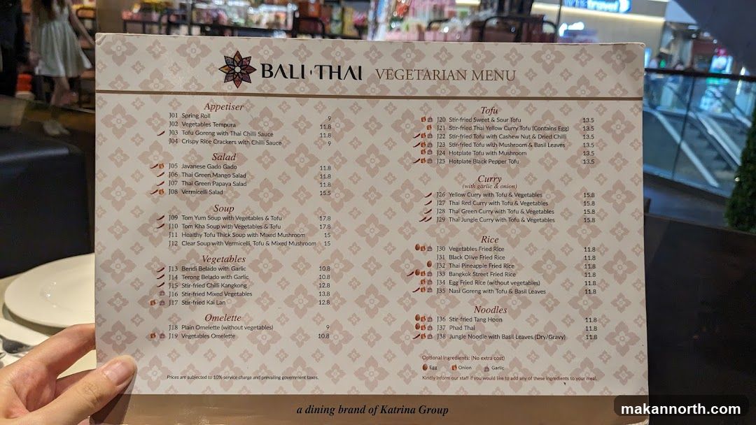BALI THAI VEGETARIAN MENU
