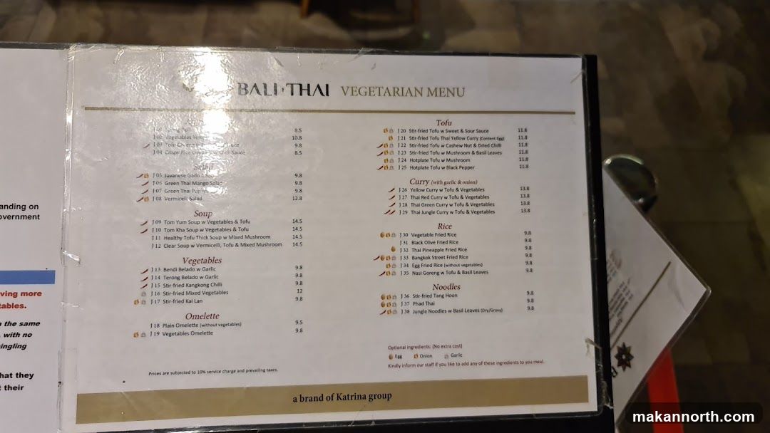 BALI THAI VEGETARIAN MENU
