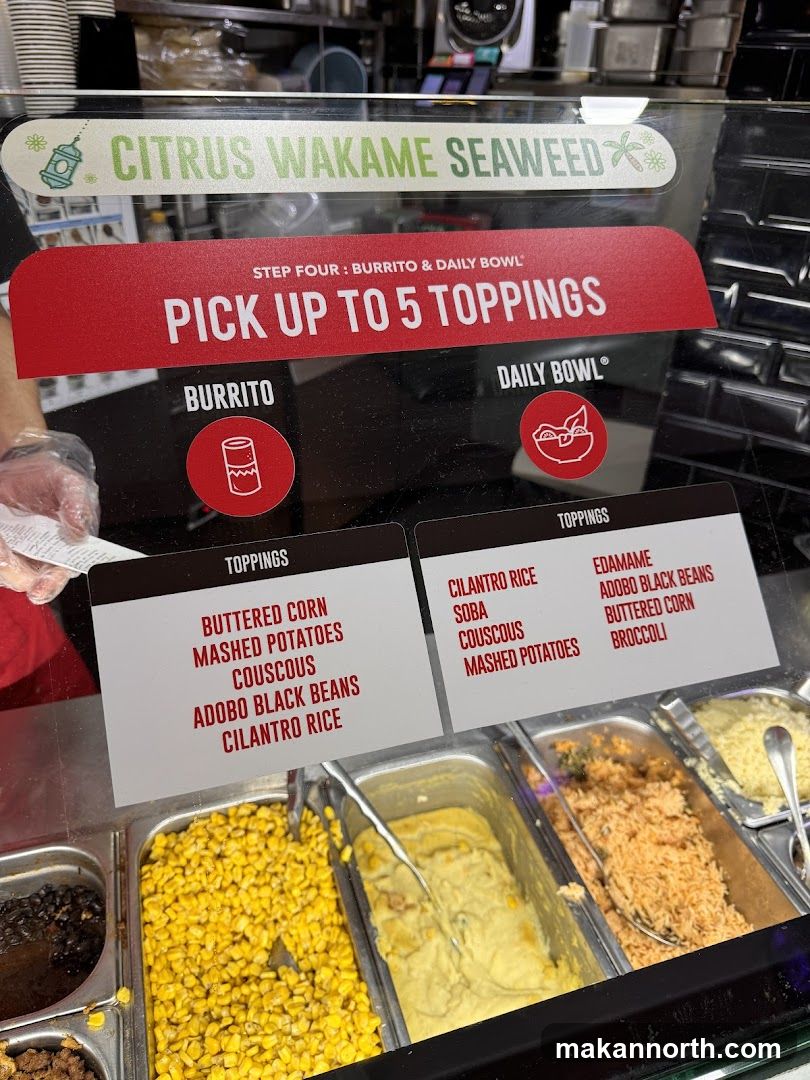 Toppings selection for burritos and bowls