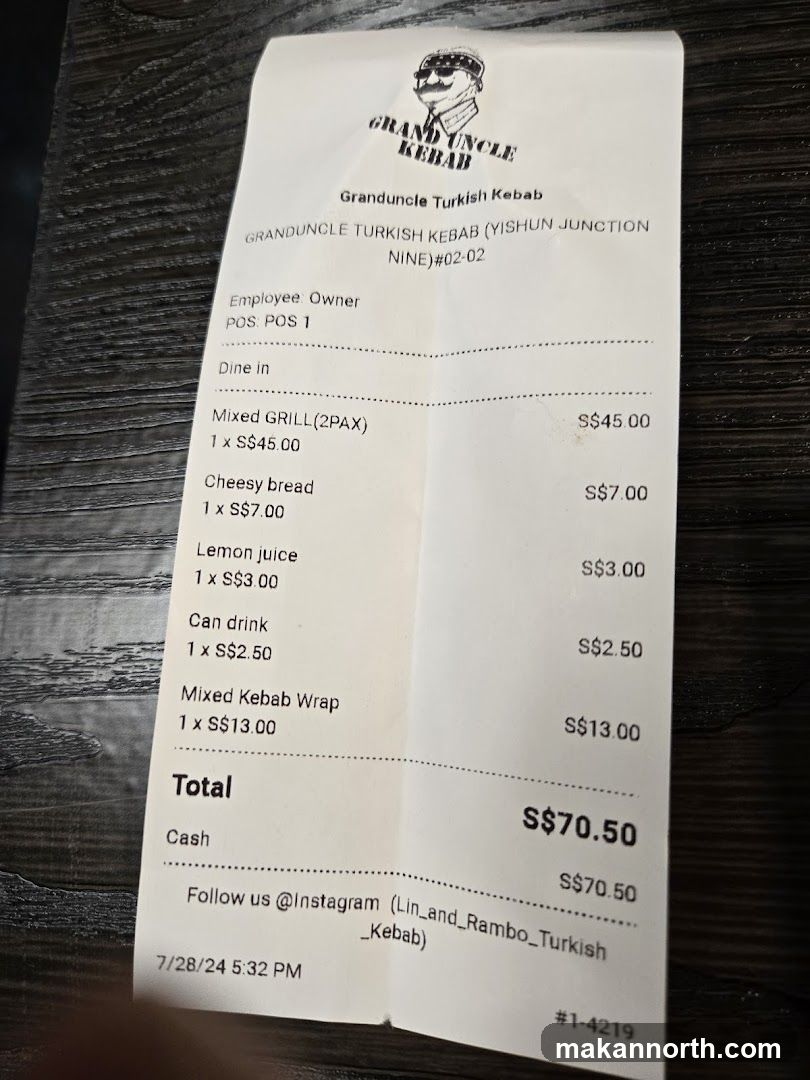 Granduncle Turkish Kebab Receipt