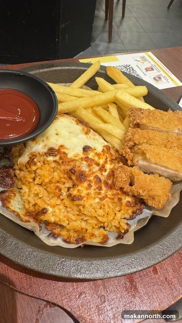 Cheesy Rice with Fried Chicken and Fries