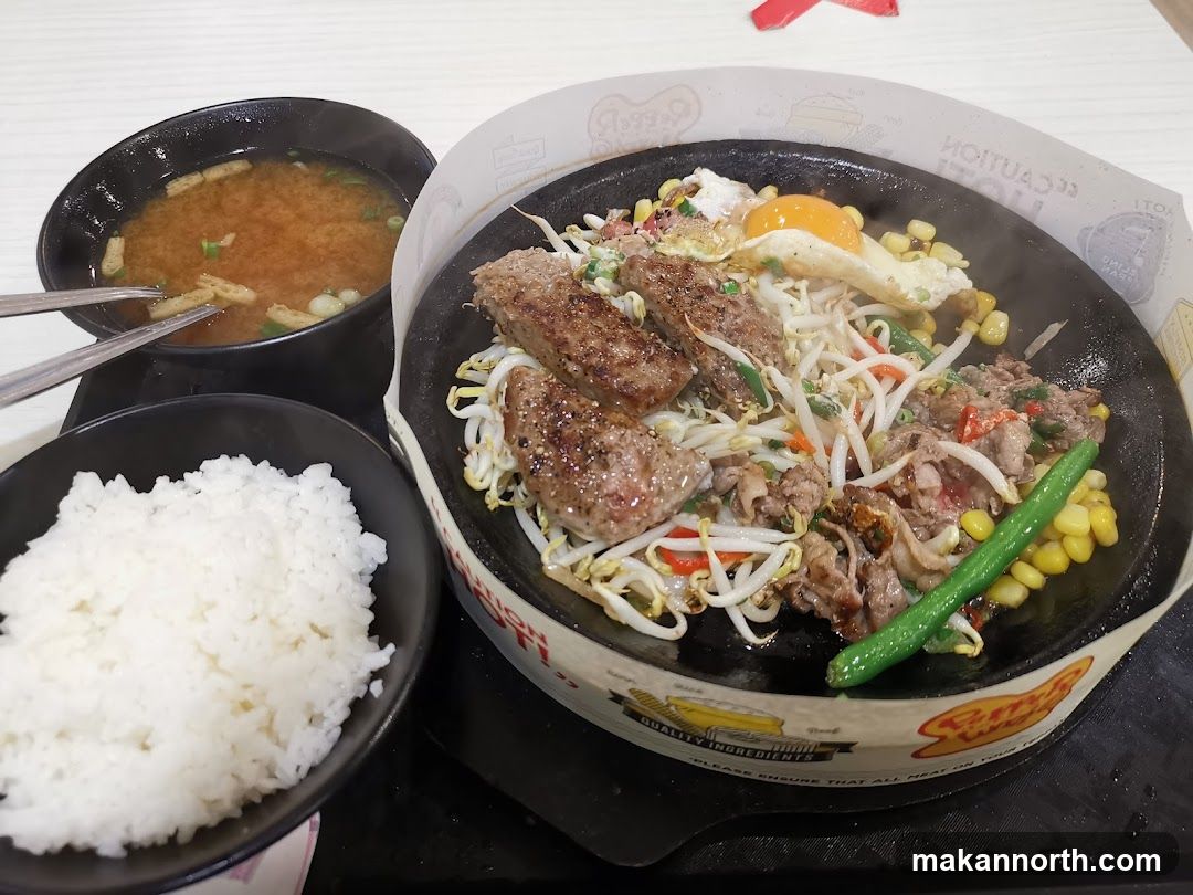 Sizzling Steak with Rice and Miso Soup