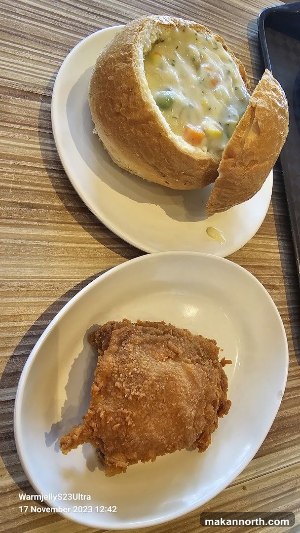 Soup in a Bread Bowl and Fried Chicken