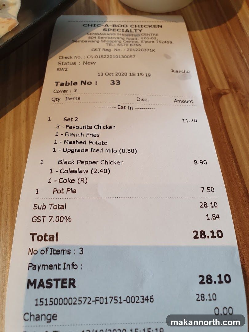 Receipt from Chic-A-Boo Chicken Specialty