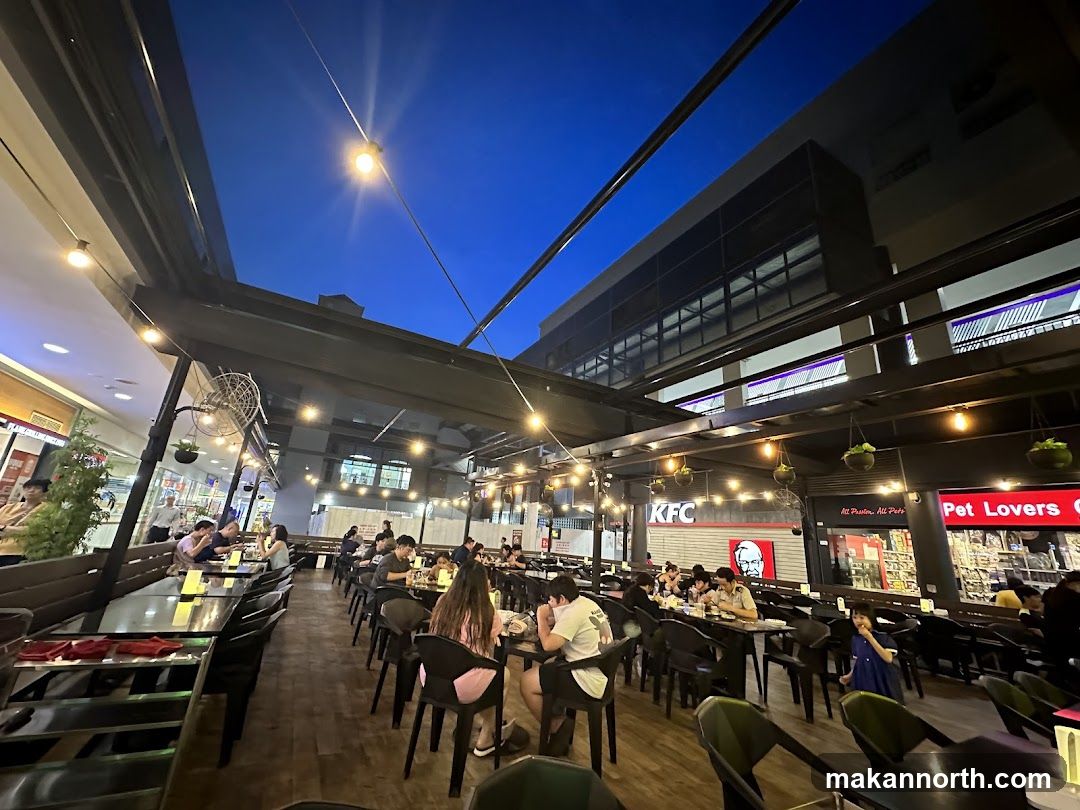 Outdoor dining area at dusk