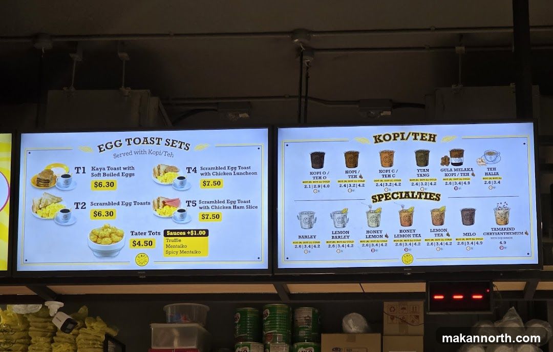 Egg Toast Sets and Kopi/Teh Menu