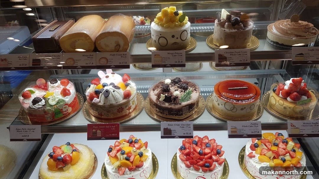 Cakes in a display case