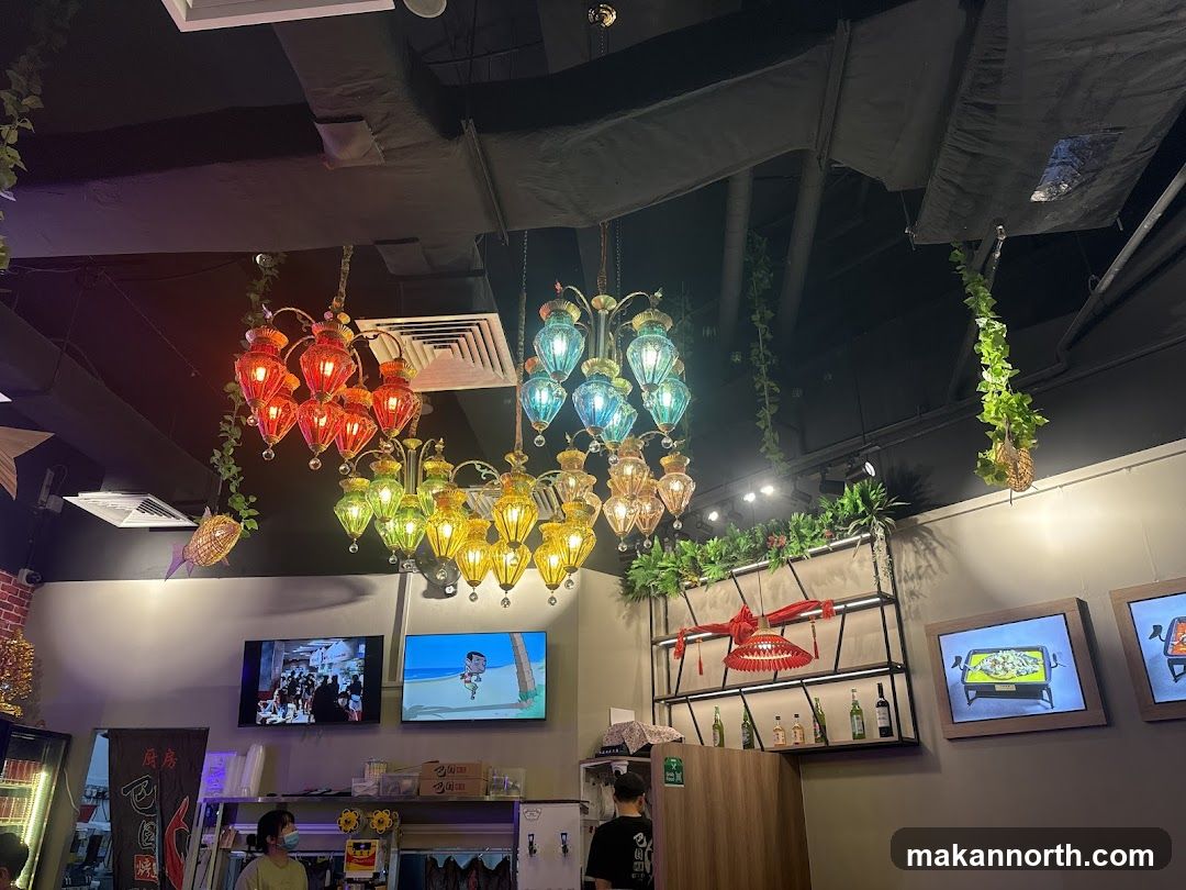 Restaurant Interior with Colorful Chandeliers
