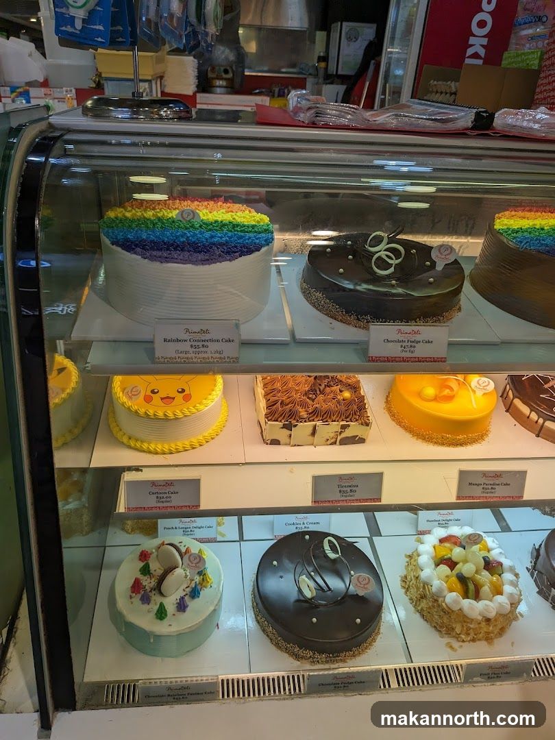 Cakes in a display case