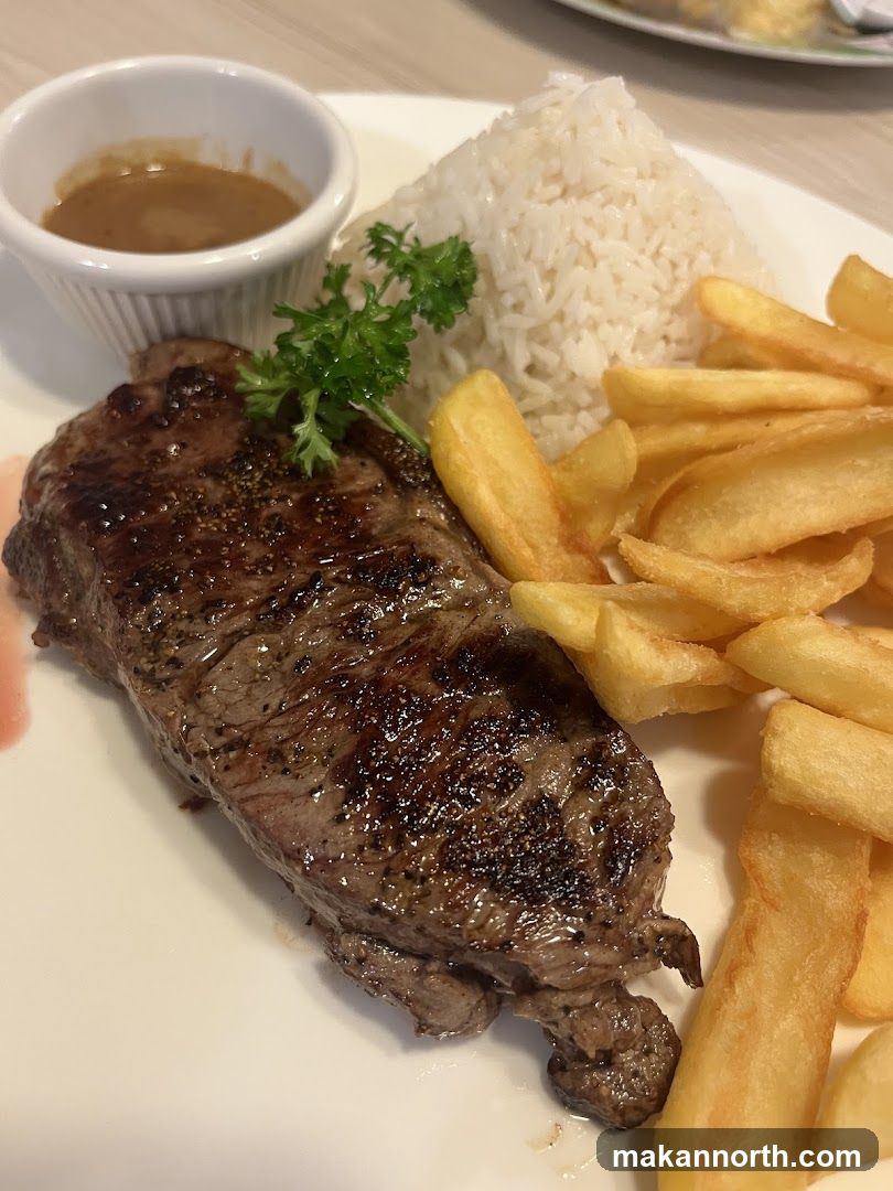Steak with Fries and Rice