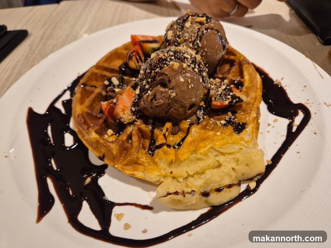 Waffle with Ice Cream and Chocolate Sauce