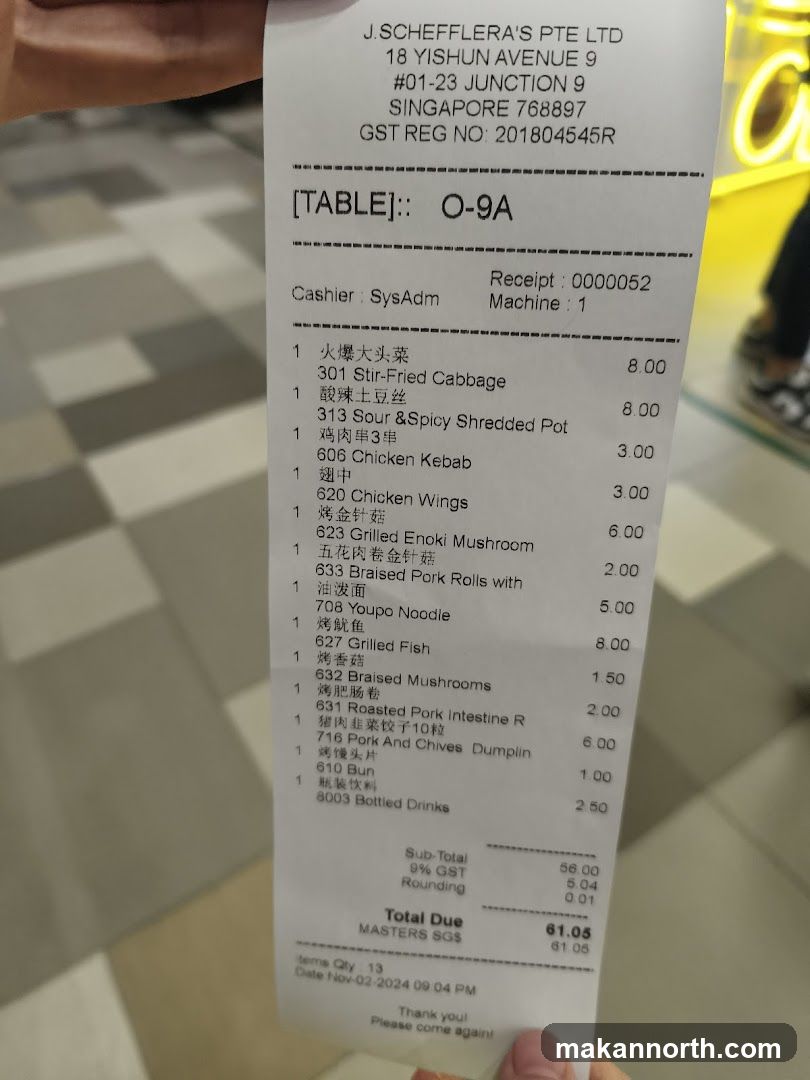 J.SCHEFFLERA'S PTE LTD Receipt