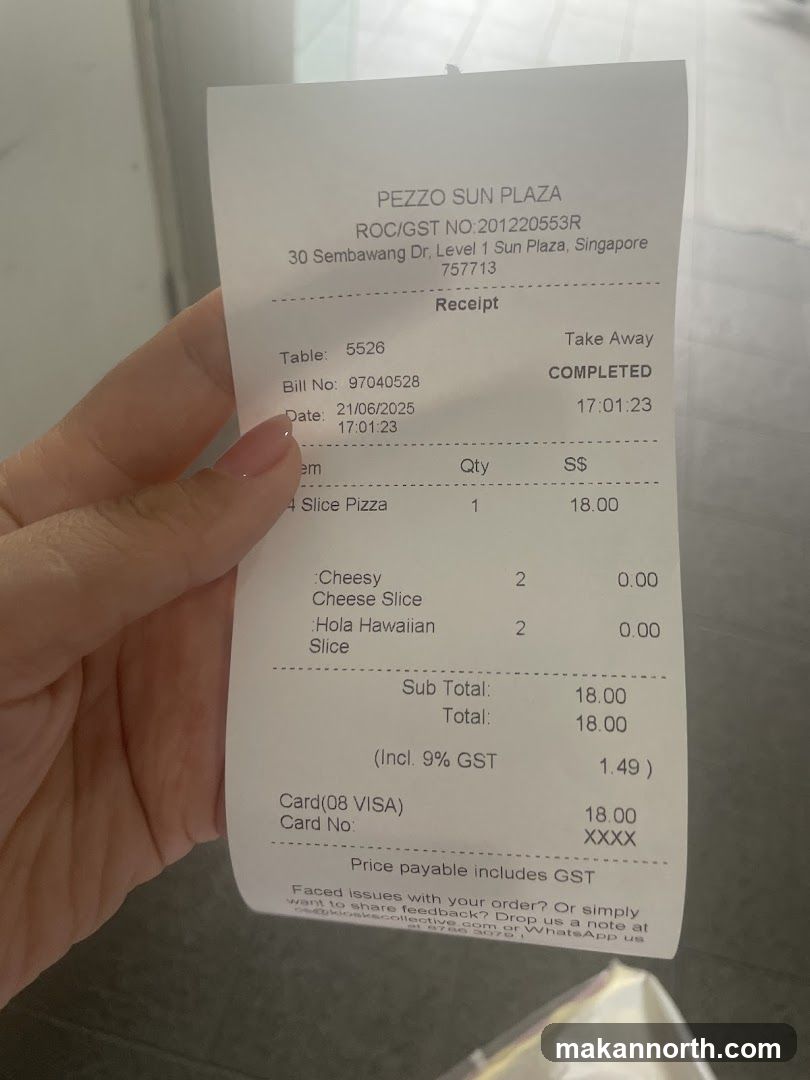 Pezzo Sun Plaza Receipt