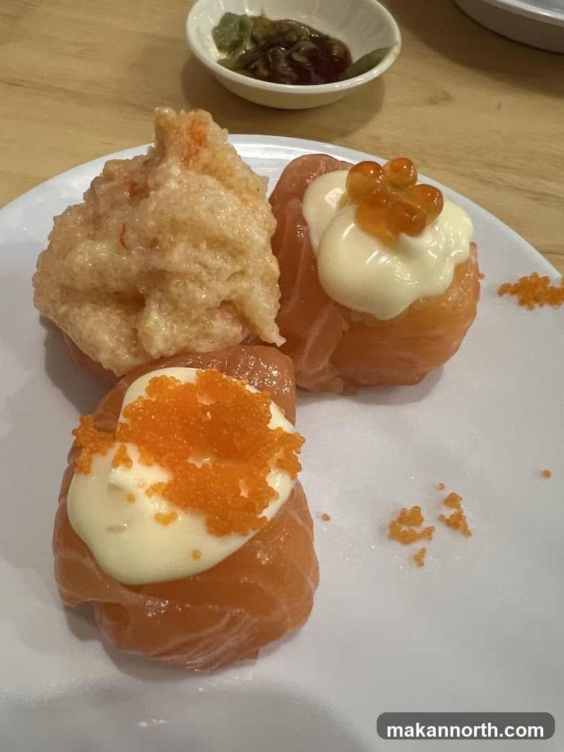 Salmon Sushi with Roe and Tempura