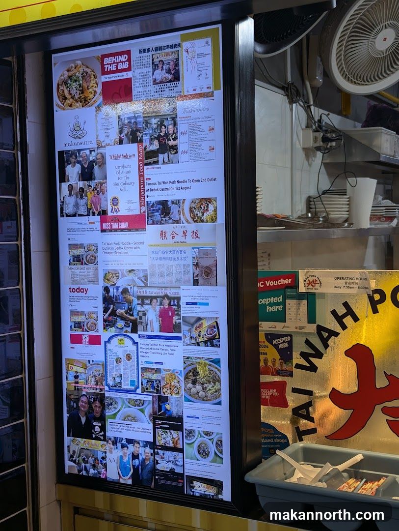 Collage of news articles and photos about Tai Wah Pork Noodle