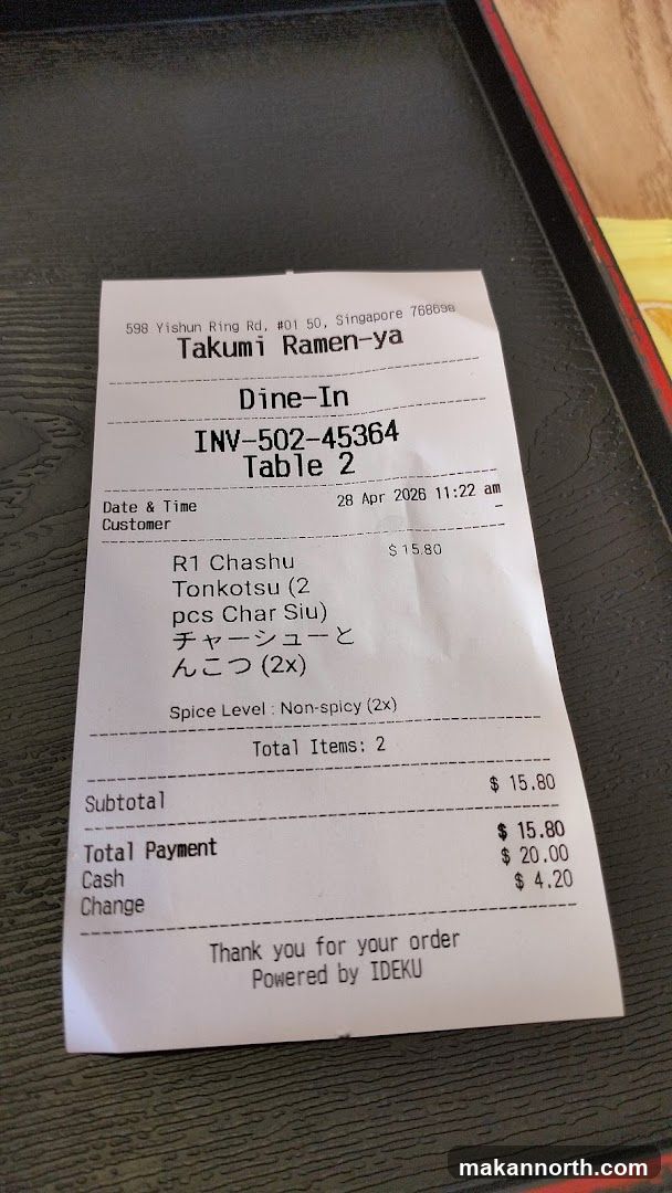 Takumi Ramen-ya Receipt