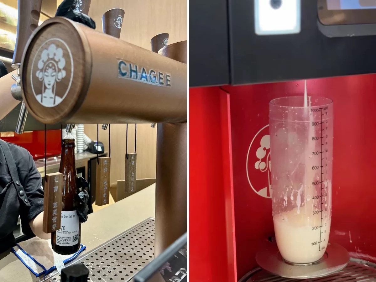 The CHAGEE Tea Bar counter with teapresso machines and tea leaf grinders, the format installed at the Wisteria Mall Yishun outlet