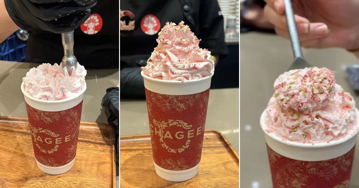 Da Hong Pao Snow Cap Milk Tea from CHAGEE, topped with whipped white peach cream and dried figs, available at the new Wisteria Mall Yishun outlet