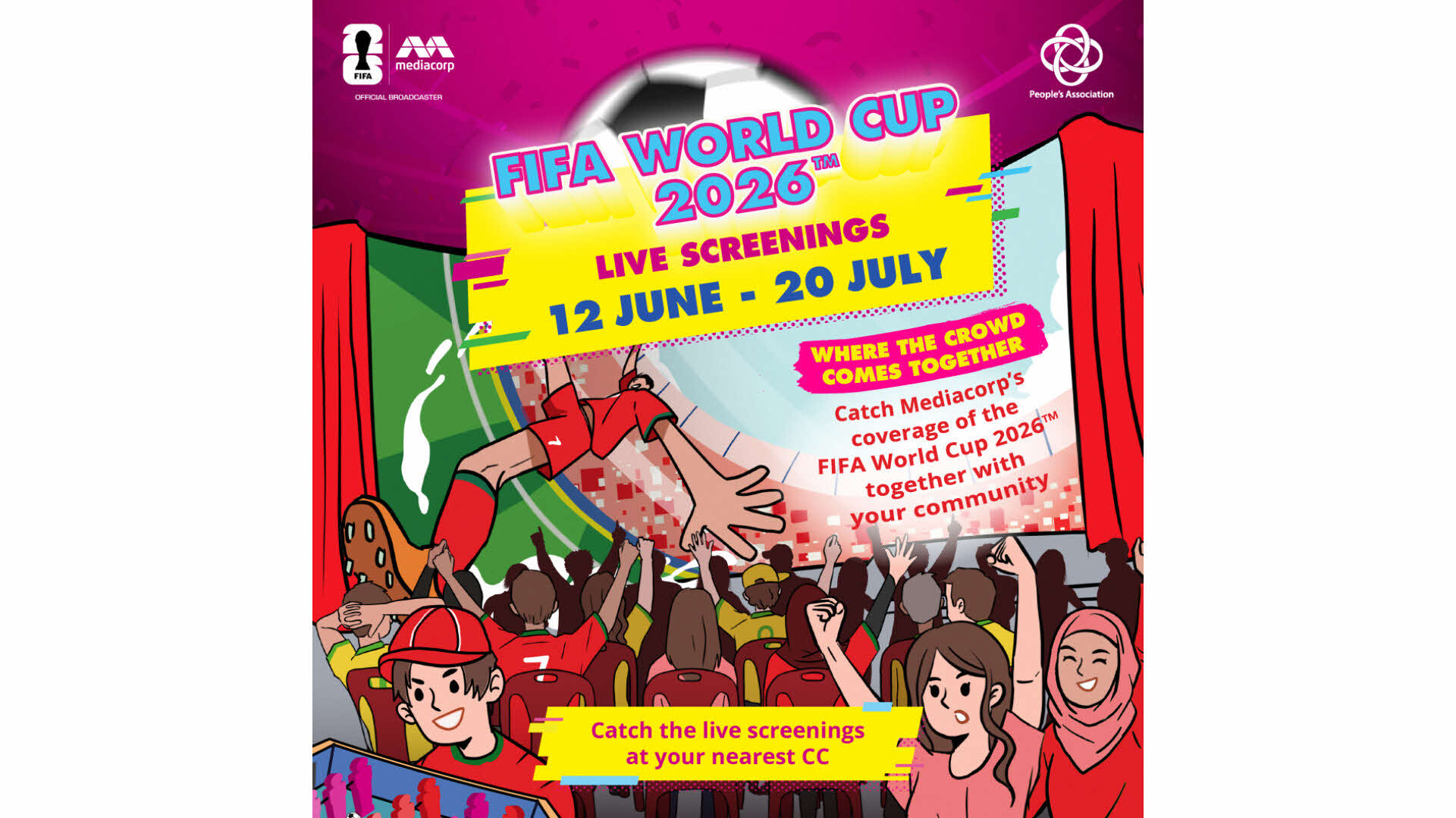 People's Association World Cup 2026 community screenings banner at CCs across Singapore